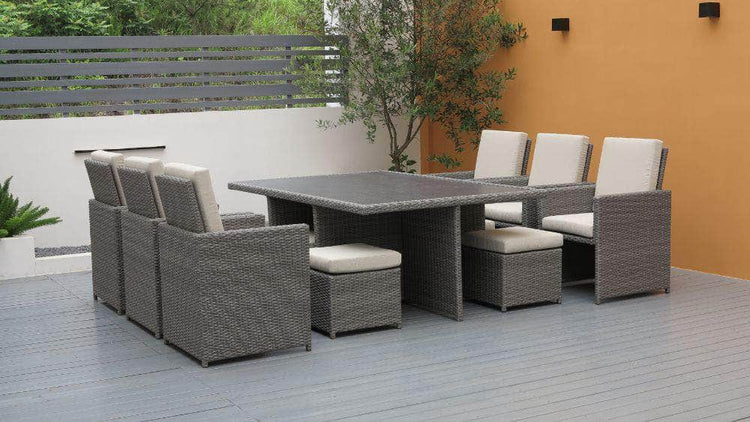 db-deals24 Rattan Sitzgarnitur Cube, 6 Personen, Grau/Haferflocke