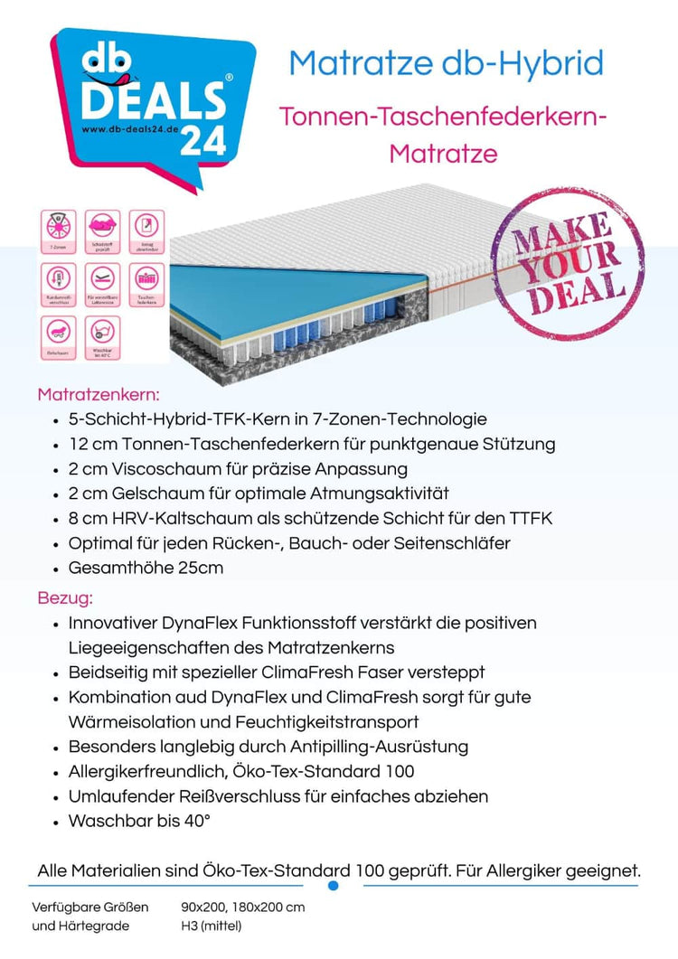 db-deals24 db Hybrid Tonnen-Taschenfederkern-Matratze 90x200 cm